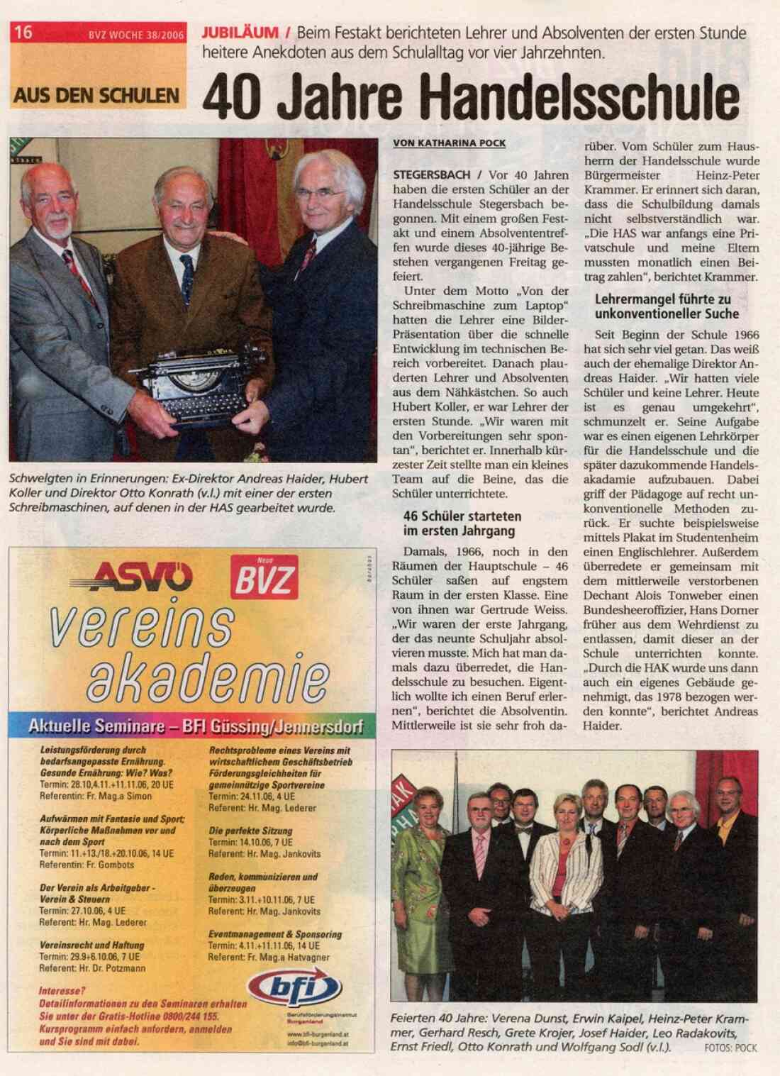 Zeitungsartikel der BVZ, 25 Jahre Handelsschule Stegersbach vom 20. September 2006