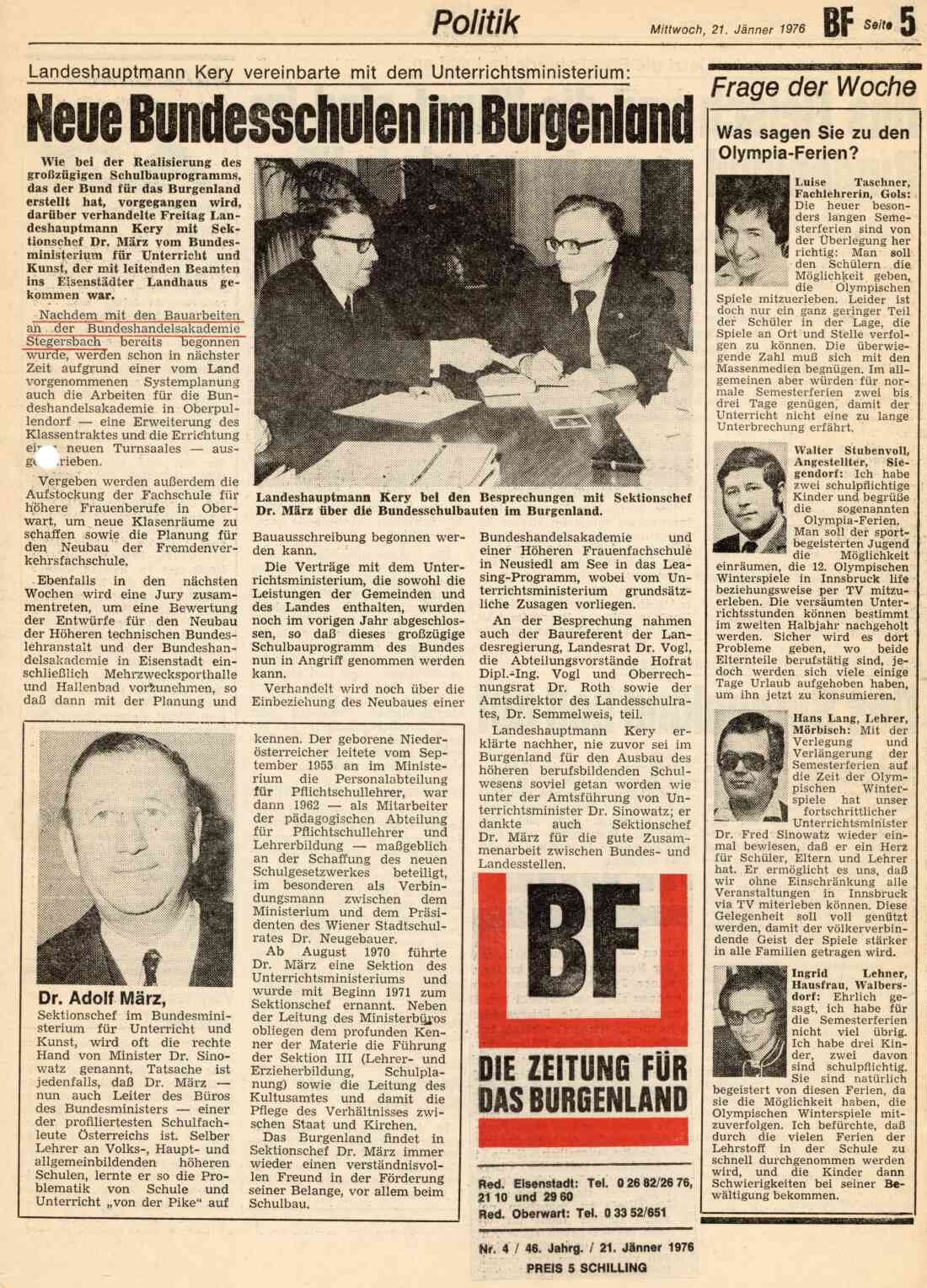 Zeitungsartikel der BF zur Vereinbarung mit dem Unterrichtsministerium  am 21. Jänner 1976