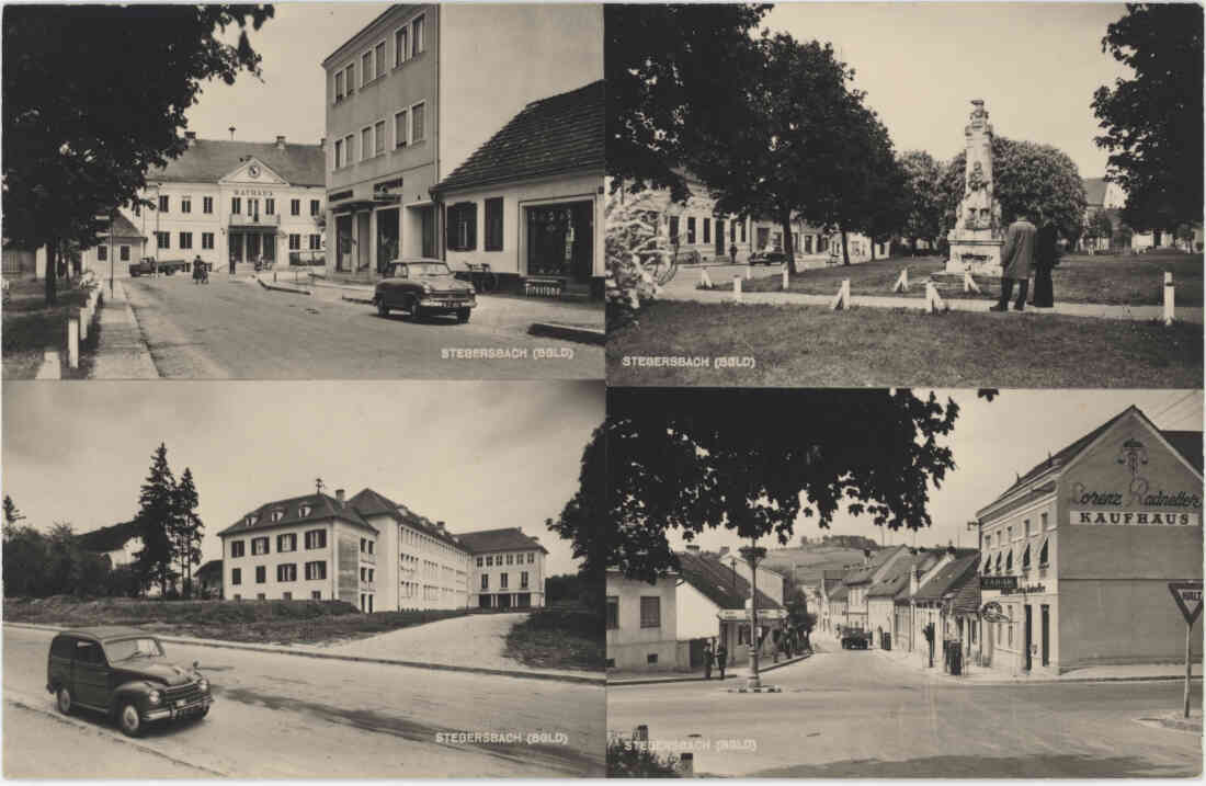 Stegersbach (BGLD), Hauptplatz, Rathaus, Fahrradgeschäft, Hauptstraße, Park, Kriegerdenkmal, Kastell und ehemaligen Museum, Hauptschule, Herrengasse, Kaufhaus Radnetter