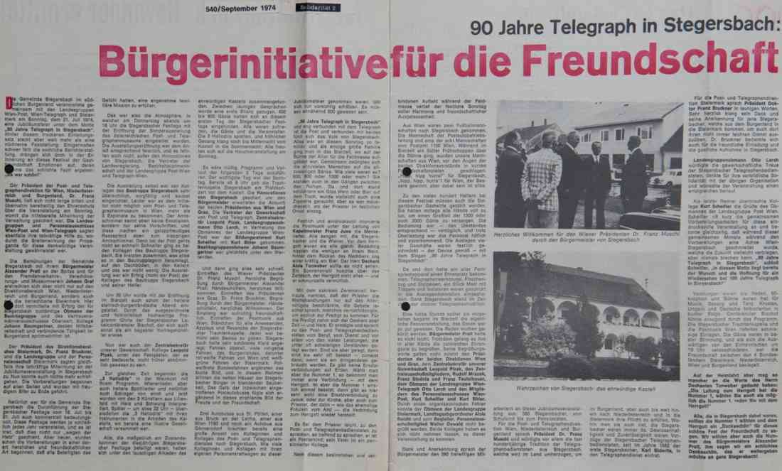 Zeitungsartikel 90 Jahre Telegraph in Stegersbach im September 1974