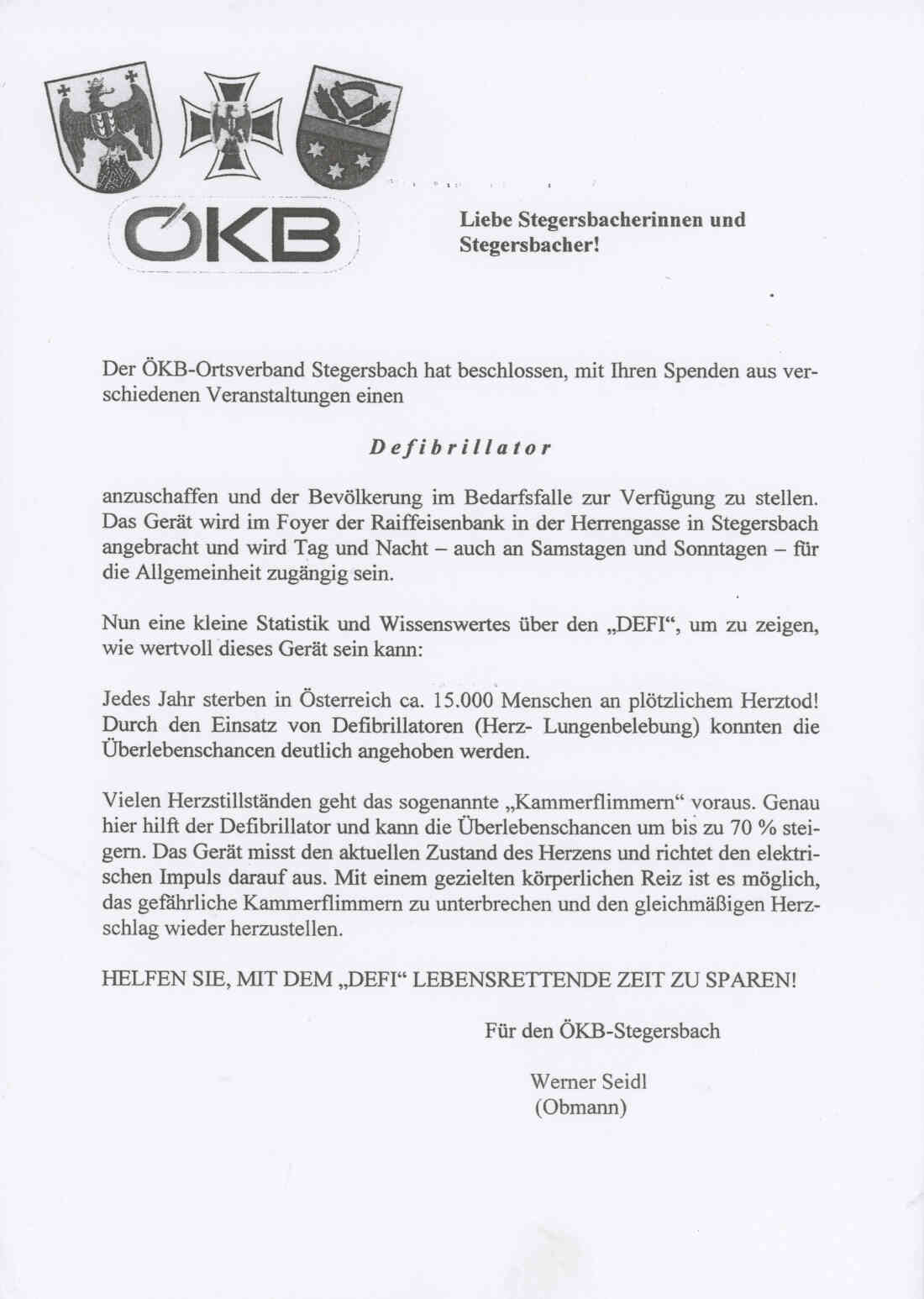 Kameradschaftsverein Stegersbach Rundschreiben Spendensammlung für Defibrillator