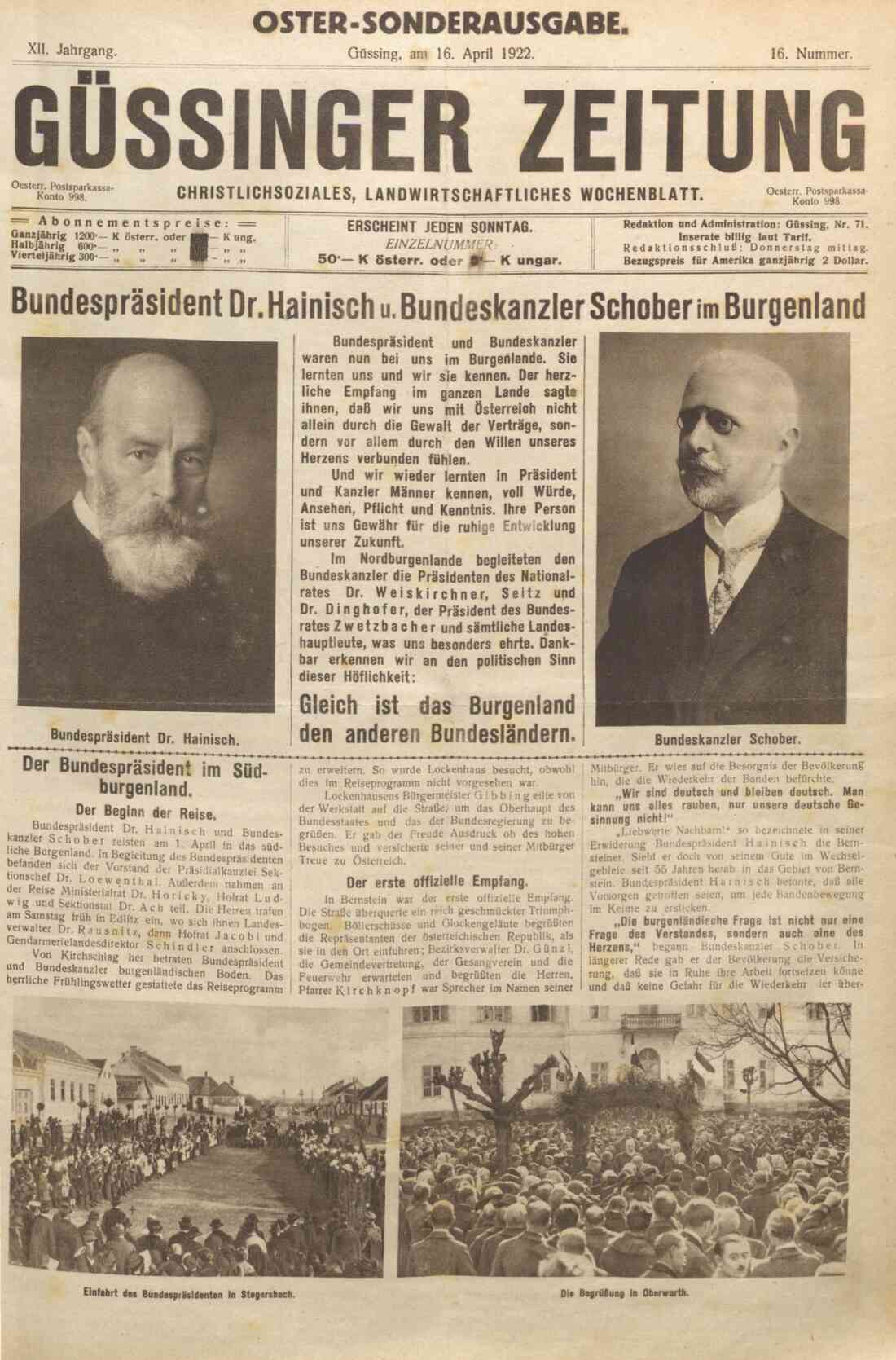 Bundespräsident Dr. Hainisch und Bundeskanzler Schober im Burgenland, Seite 1