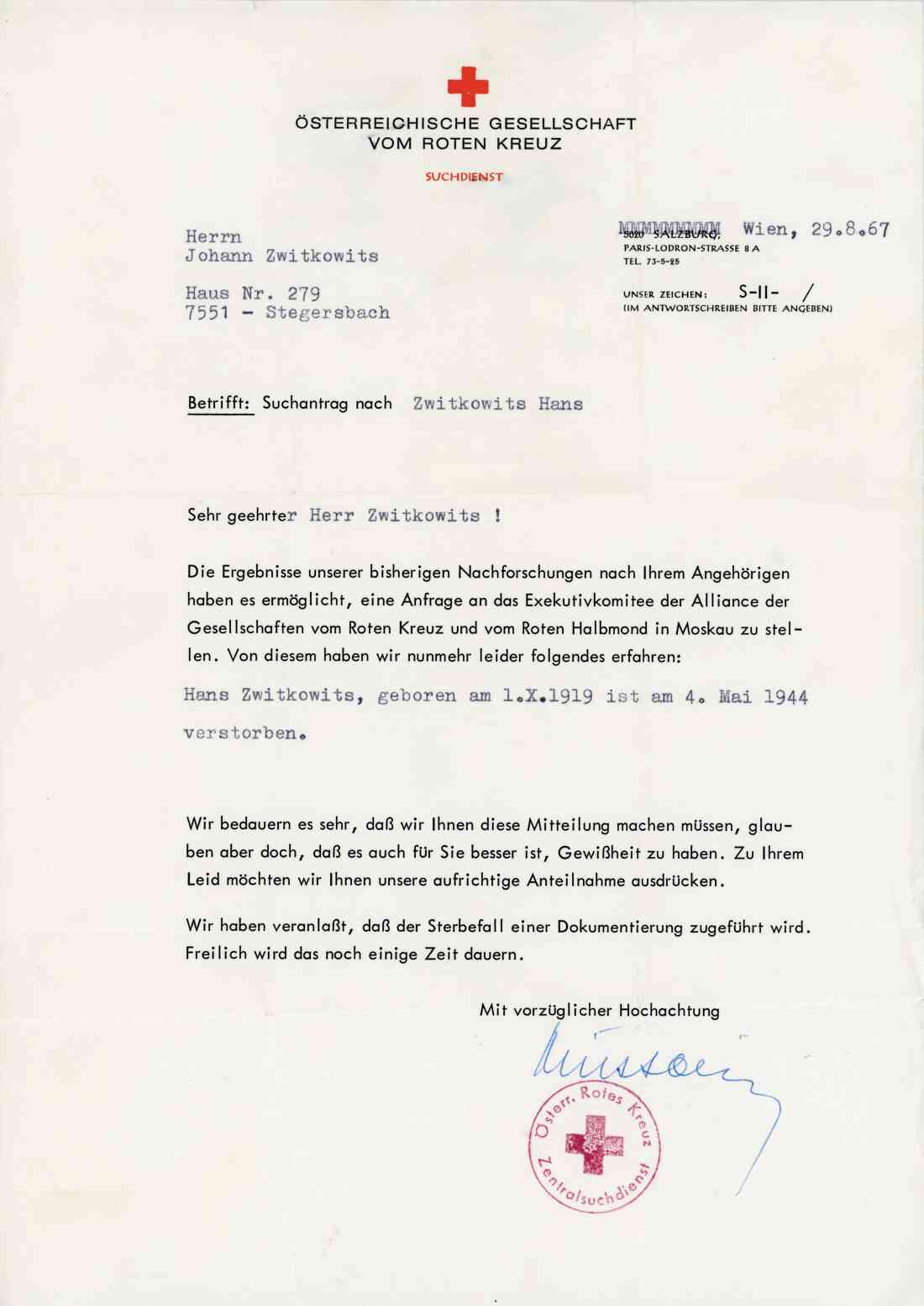 Suchantrag nach Zwitkowits Hans vom 29.08.1967