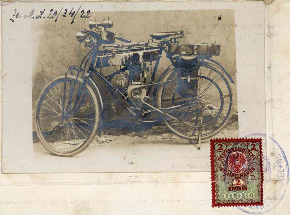 Automobil - Prüfungszeugnis (Einzel - Prüfung) für Eugen Kottas, eines Fahrrad mit eingebautem Motor Marke Puch, vom 18. Jänner 1922, Foto