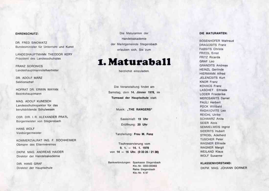 Einladung zum 1. Maturaball der Handelsakademie am 14. Jänner 1978, Innenseite