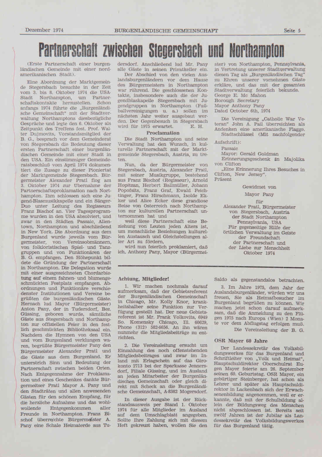 Zeitungsbericht über Partnerschaft zwischen Stegersbach und Northampton