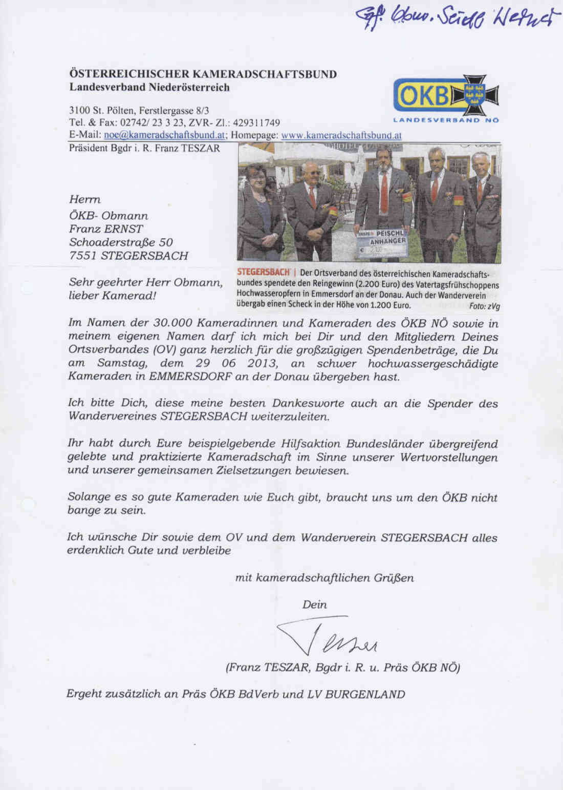 Kameradschaftsverein Stegersbach Rundschreiben Spendensammlung für das Hochwasser in Emmersdorf