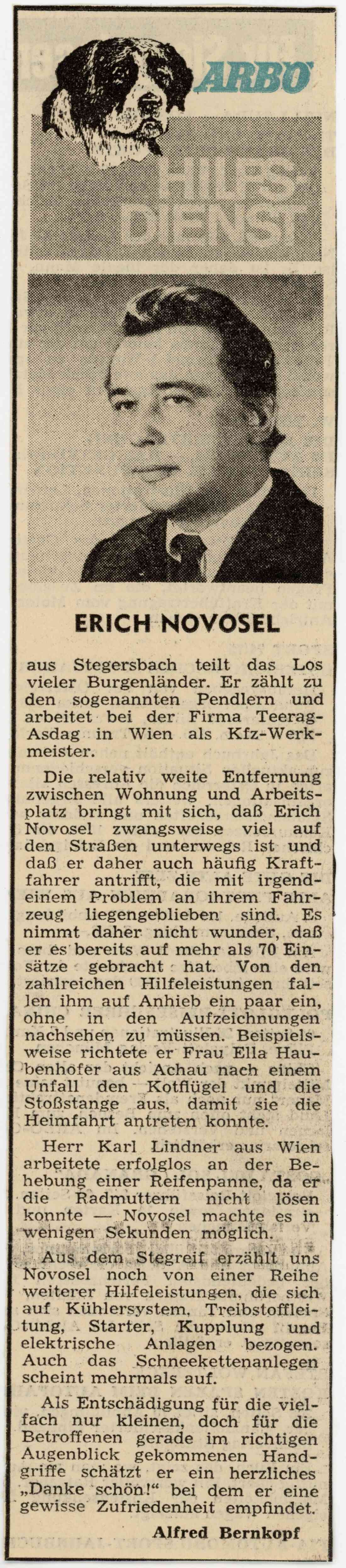 Zeitungsartikel über ARBÖ Hilfsdienst mit Mitarbeiter Erich Novosel