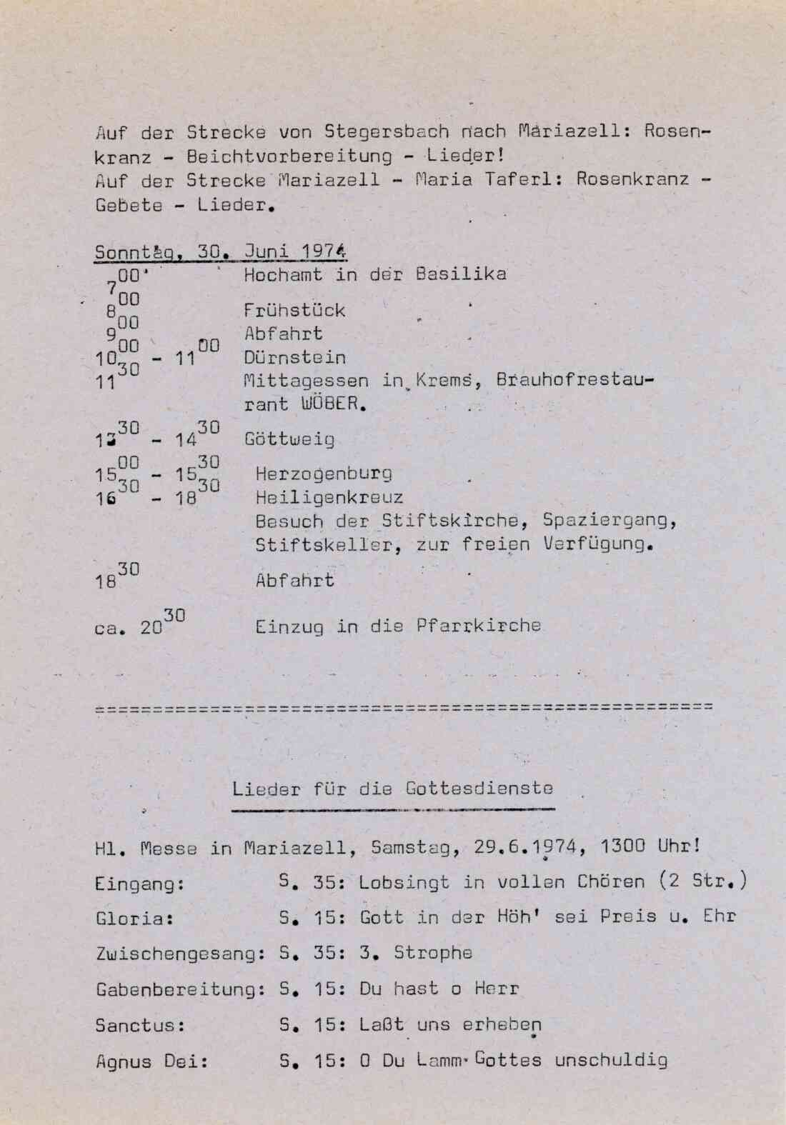 Katholische Jugend, Pfarrwallfahrt nach Mariazell und Maria Taferl am 29 und 30 Juni 1974
