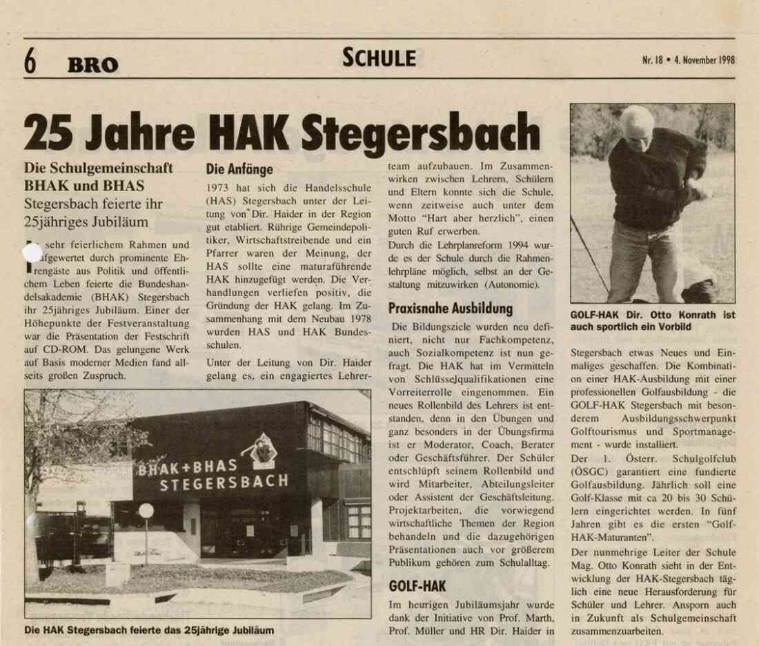 Zeitungsartikel der BRO, 25 Jahre Handelsakademie Stegersbach vom 04. November 1998