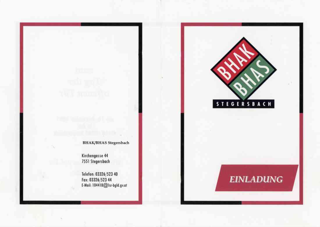 Einladung zum Tag der offenen Tür in der BHAK/BHAS, oder der Handelsakademie und der Handelsschule am 18. Dezember 2001, Vorderseite und Rückseite