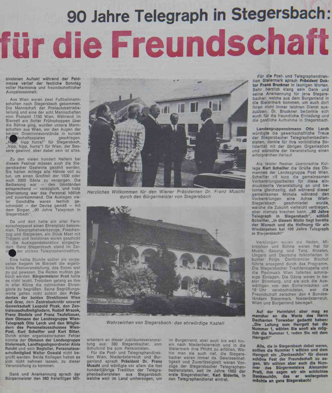 Zeitungsartikel 90 Jahre Telegraph in Stegersbach im September 1974