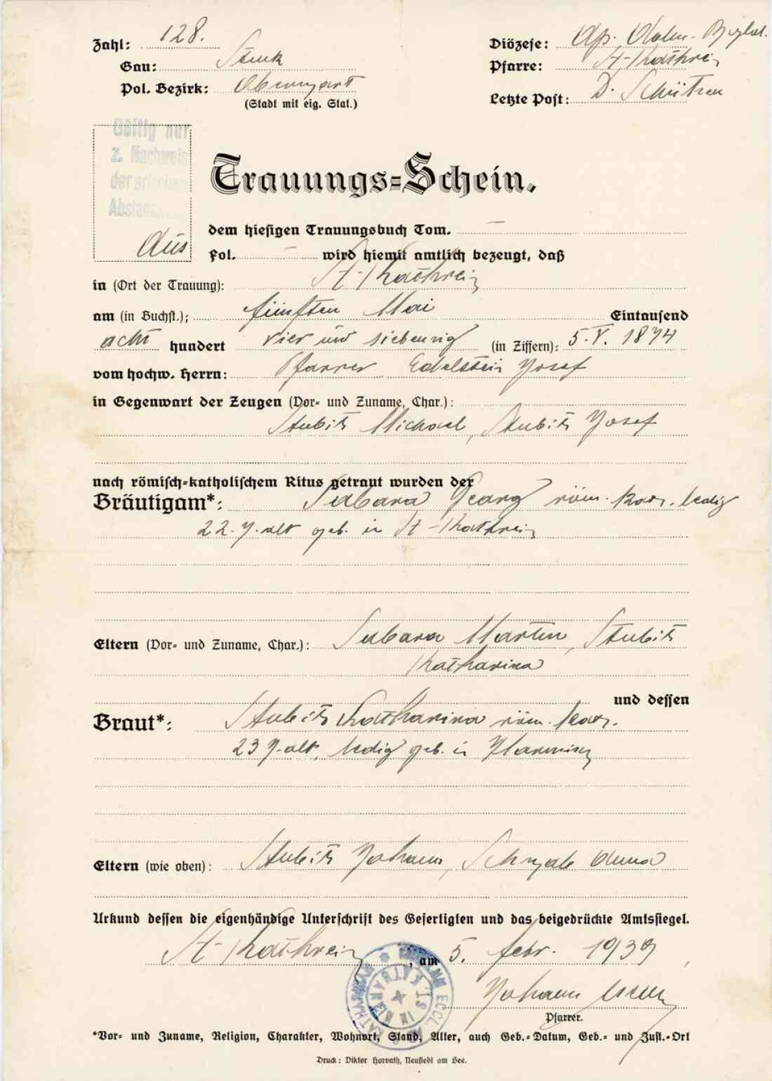 Trauungsschein von Stubits Katherina und Sabara Georg vom 05. Feber 1939