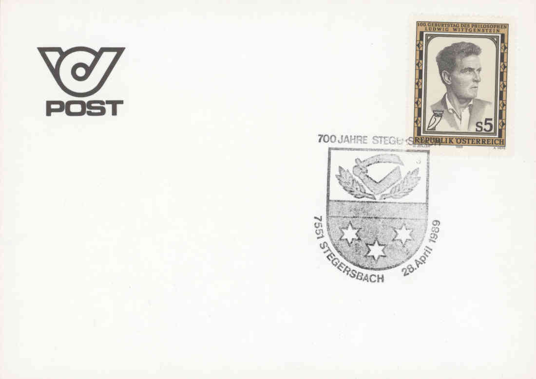 Sonderbriefmarke zum 100. Geburtstag des Philosphen Ludwig Wittgenstein und eine Postkarte mit Sonderstempel zur 700 Jahre Feier von Stegersbach Feier vom 28. April 1989