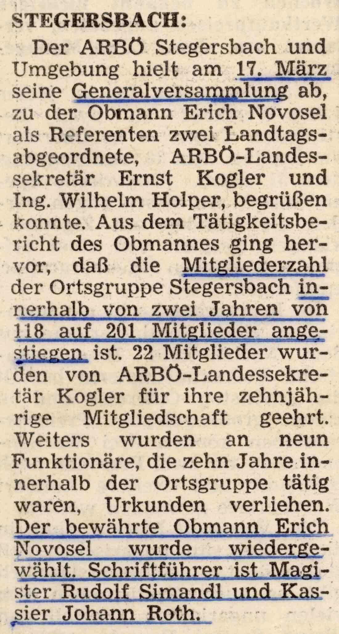 Zeitungsartikel über ARBÖ Ortsgruppe Stegersbach, Generalversammlung vom 17. März 1979