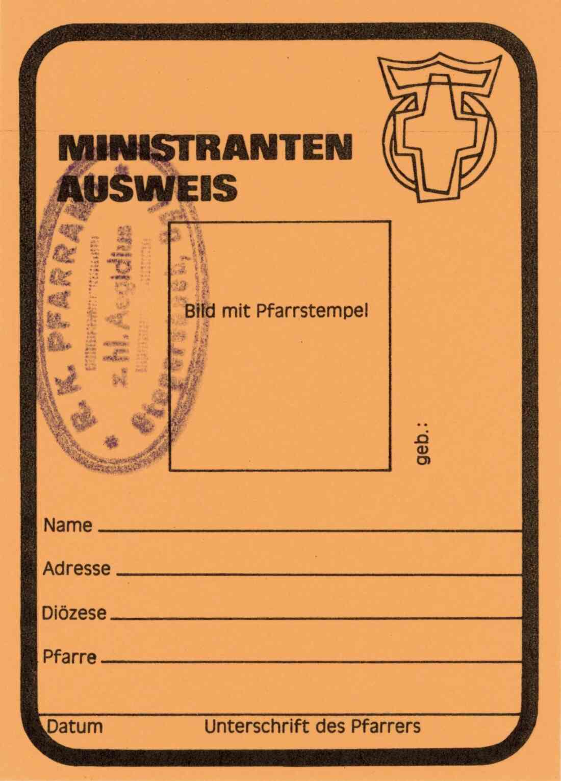 Ministrantenausweis 1982 Vorderseite