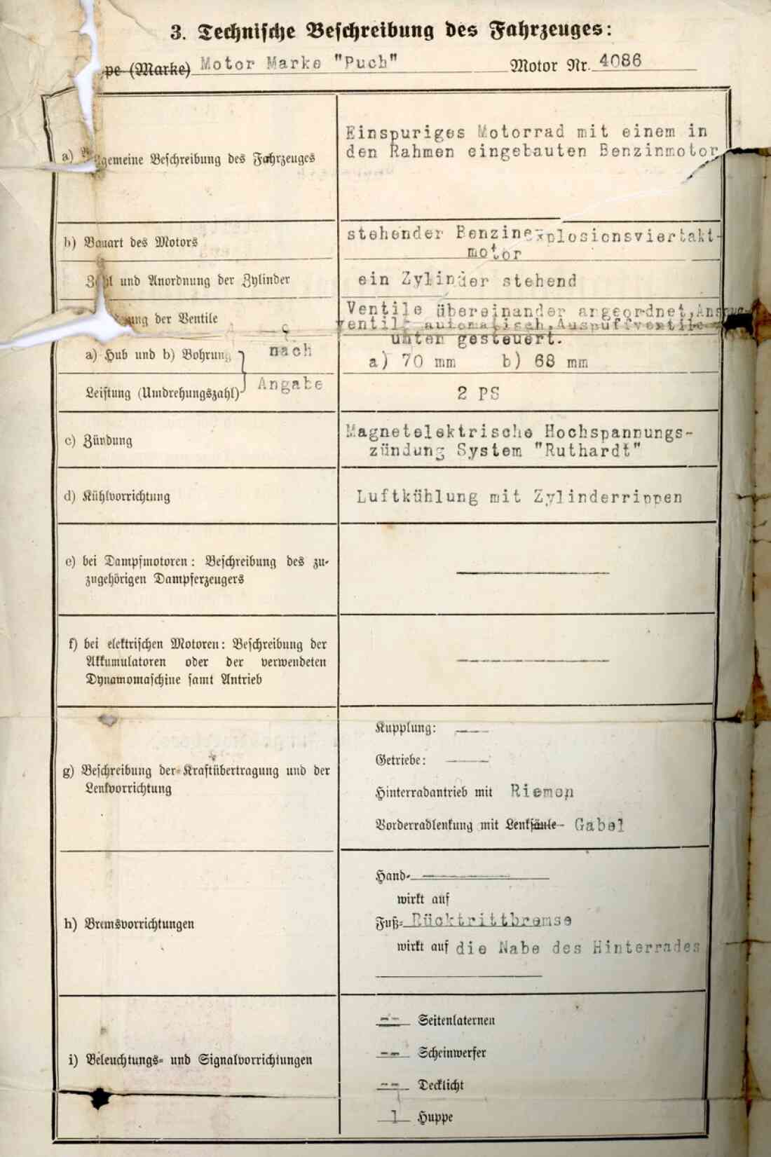 Automobil - Prüfungszeugnis (Einzel - Prüfung) für Eugen Kottas, eines Fahrrad mit eingebautem Motor Marke Puch, vom 18. Jänner 1922. Seite 2