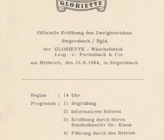 Einladung zur offizielle Eröffnung des Zweigbetriebes der Firma Gloriette in Stegersach am 10.06.1964 Seite 2