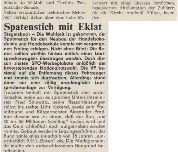 Zeitungsartikel der OZ vom 17. September 1975 zum Spatenstich für den Neubau der Handelsakademie und Handelsschule am 12.09.1975
