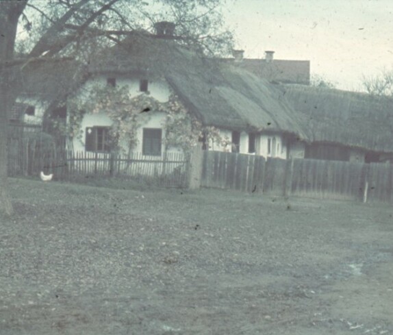 Strohgedecktes Haus, wahrscheinlich in der Vorstadt