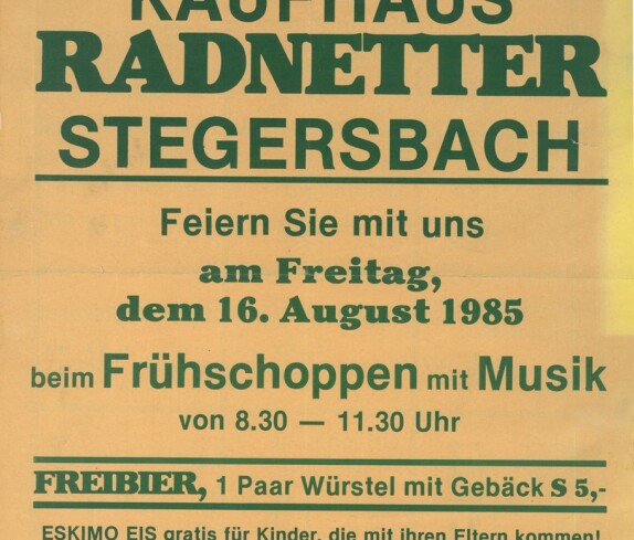 Plakat zur 50 Jahre Feier des Kaufhaus Radnetter und ADEG Markt in der Hauptstraße 26 am 16. August 1985