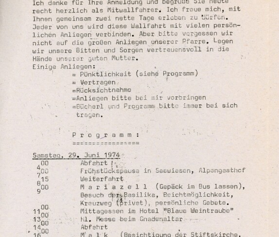 Katholische Jugend, Pfarrwallfahrt nach Mariazell und Maria Taferl am 29 und 30 Juni 1974