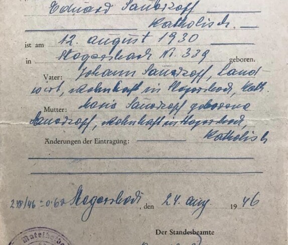 Geburtsurkunde von Eduard Sauerzopf, geboren am 12. August 1930 in Stegersbach, Hausnummer 339