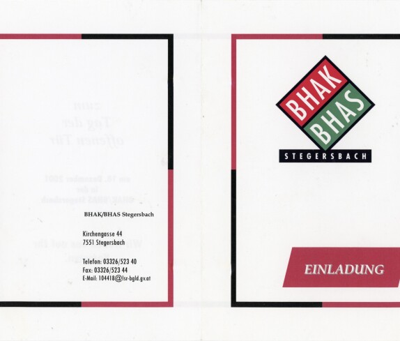 Einladung zum Tag der offenen Tür in der BHAK/BHAS, oder der Handelsakademie und der Handelsschule am 18. Dezember 2001, Vorderseite und Rückseite