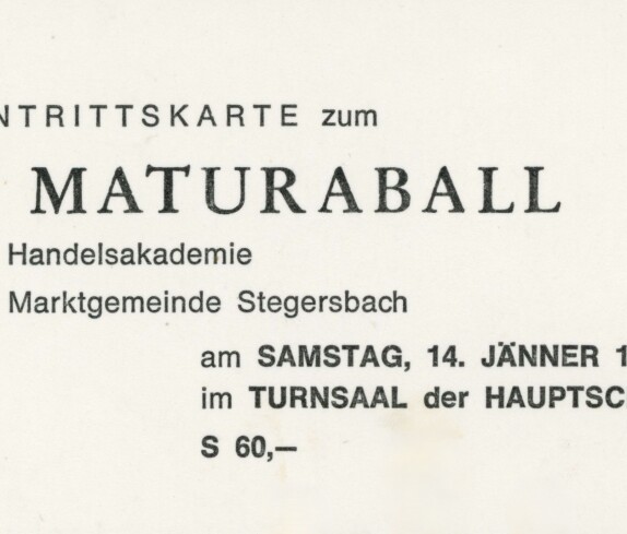 Eintrittskarte zum 1. Maturaball der Handelsakademie im Turnsaal der Hauptschule am 14. Jänner 1978