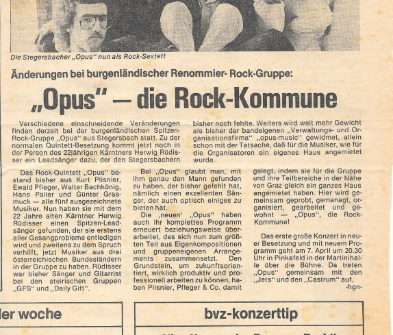 Opus das Rock Sextett, ein Zeitungsartikel in der BVZ