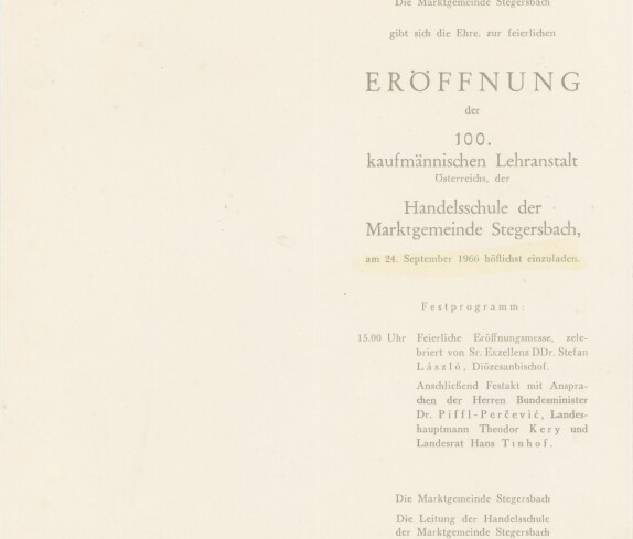 Einladung zur Eröffnung der Handelsschule am 24. September 1966, Innenseite