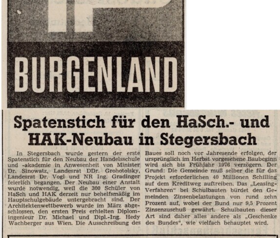 Zeitungsartikel der TP BURGENLAND zum Spatenstich für den Neubau der Handelsakademie und Handelsschule am 13.09.1975