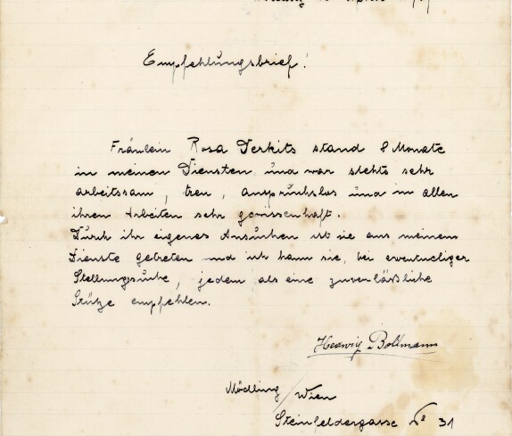 Empfehlungsbrief für Rosa Derkits vom 26. April 1929