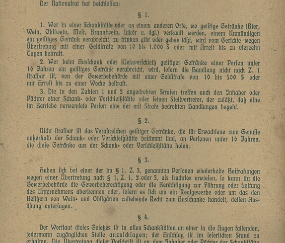 Einschränkung der Verabreichung geistiger Getränke an Jugendliche, Bundesgesetz vom 7. Juli 1922 des Gasthauses Novosel