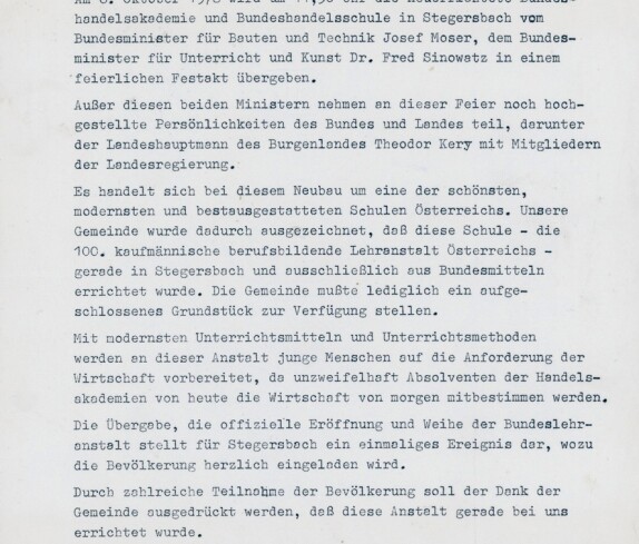 Einladung zur Eröffnung der Handelsschule am 06. Oktober 1978, Postwurfsendung der Marktgemeinde Stegersbach