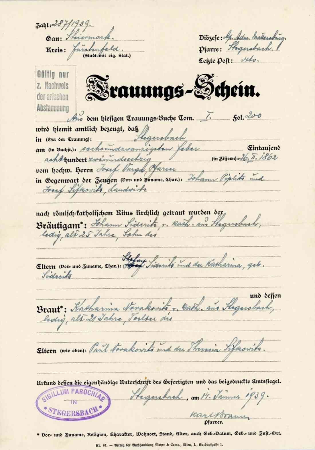 Trauungsschein von Katharina Novakovits und Johann Siderits vom 14 Jänner 1939