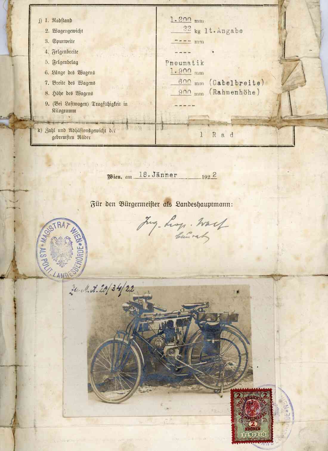 Automobil - Prüfungszeugnis (Einzel - Prüfung) für Eugen Kottas, eines Fahrrad mit eingebautem Motor Marke Puch, vom 18. Jänner 1922, Seite 3