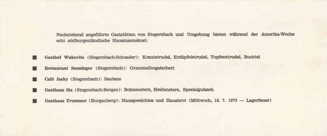 Festprogramm Amerika - Woche 1973, Seite 3, vom Fremdenverkehr - Verschönerungs - und Museumverein Stegersbach