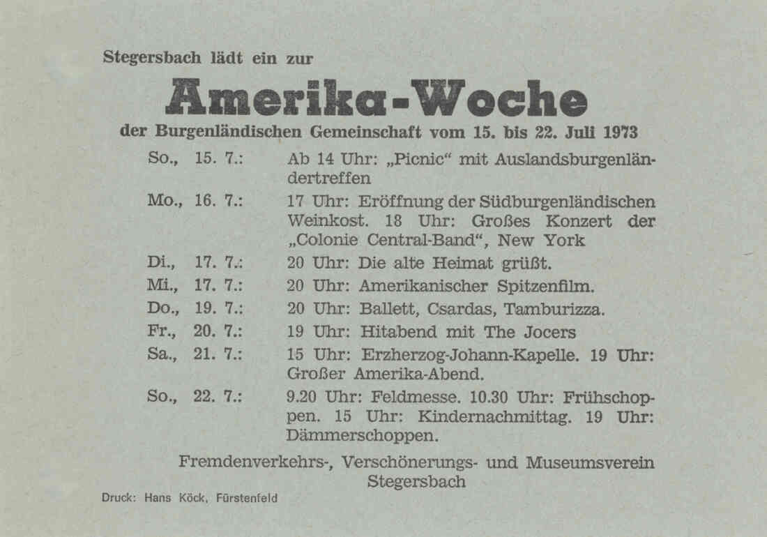 Festprogramm Amerika - Woche 1973, vom Fremdenverkehr - Verschönerungs - und Museumverein Stegersbach