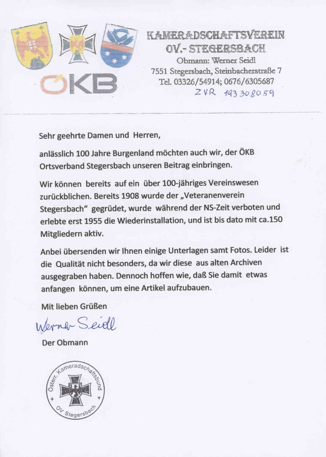Kameradschaftsverein Stegersbach Rundschreiben Seite 1