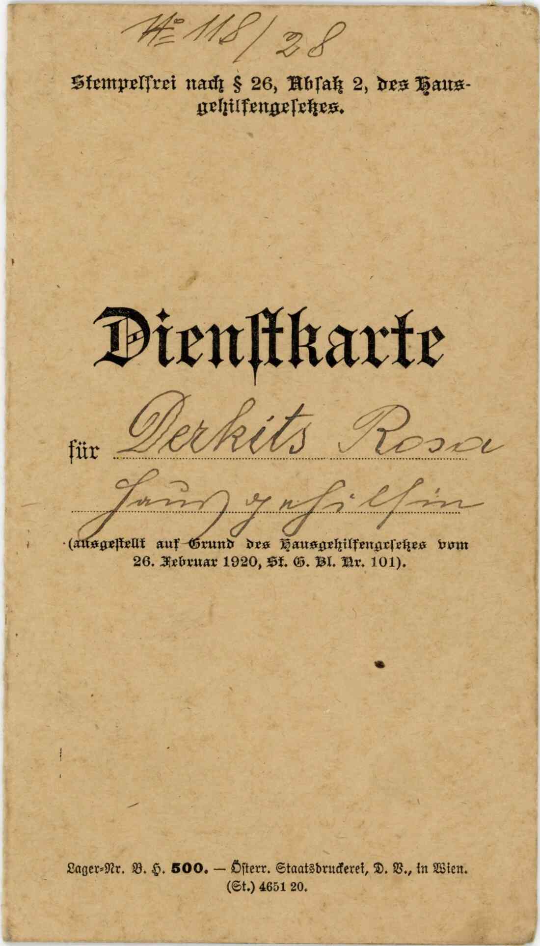 Dienstkarte für Rosa Derkits, Seite 1