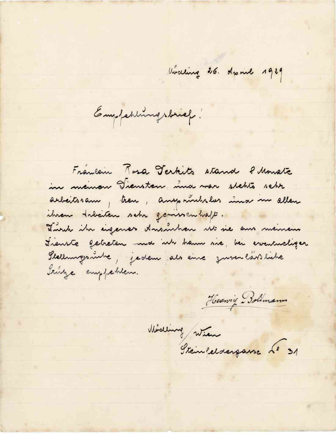 Empfehlungsbrief für Rosa Derkits vom 26. April 1929