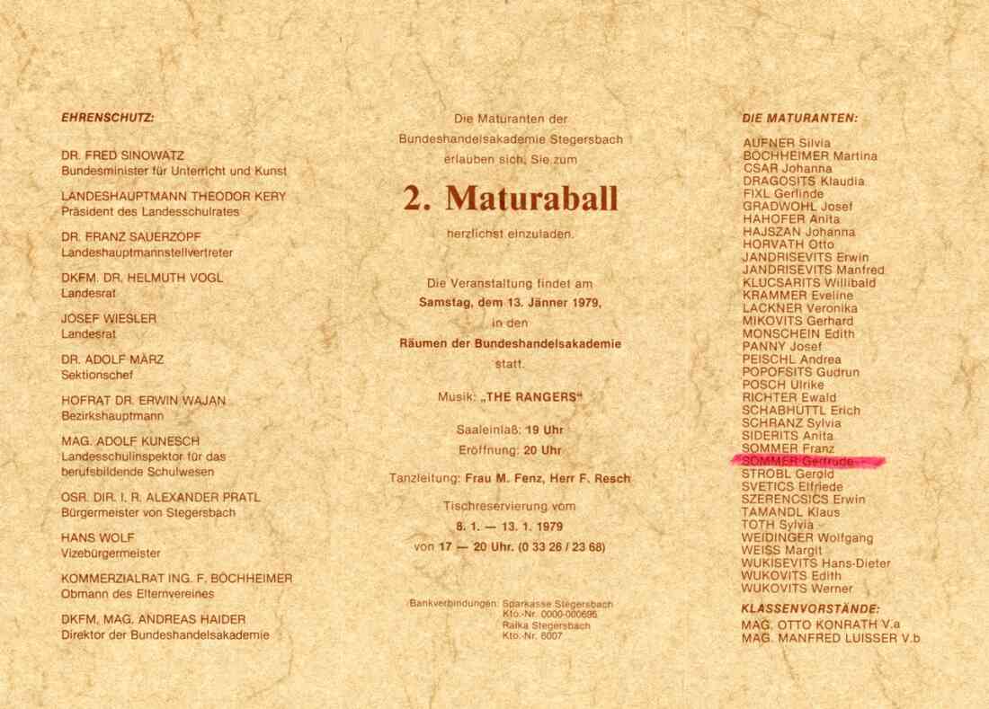 Einladung zum 2. Maturaball der Handelsakademie am 13. Jänner 1979, Innenseite