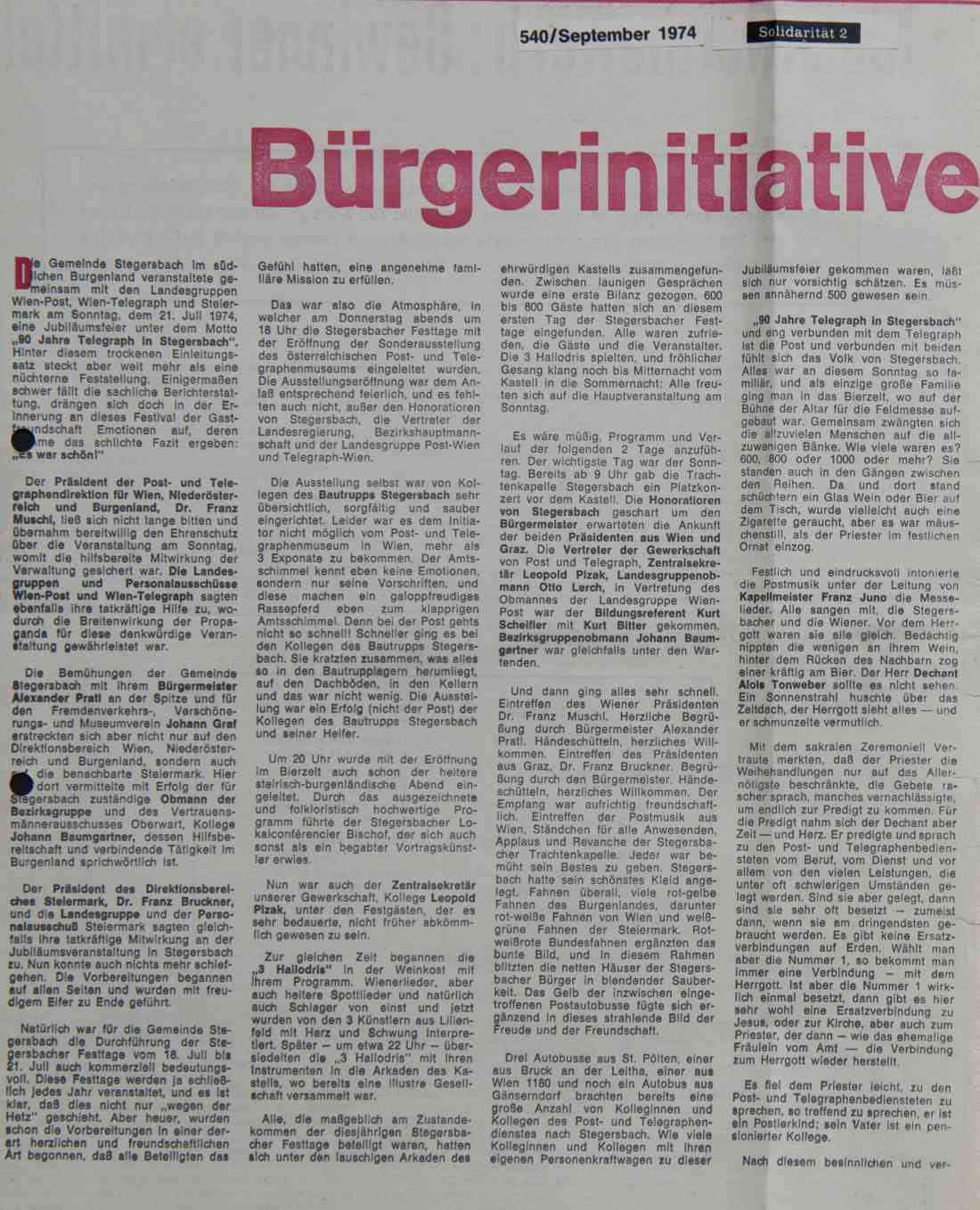 Zeitungsartikel 90 Jahre Telegraph in Stegersbach im September 1974