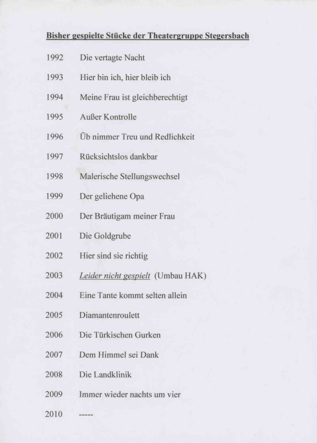 Theatergruppe der  Familienrunde Stegersbach alle bisher gespielten Stücke