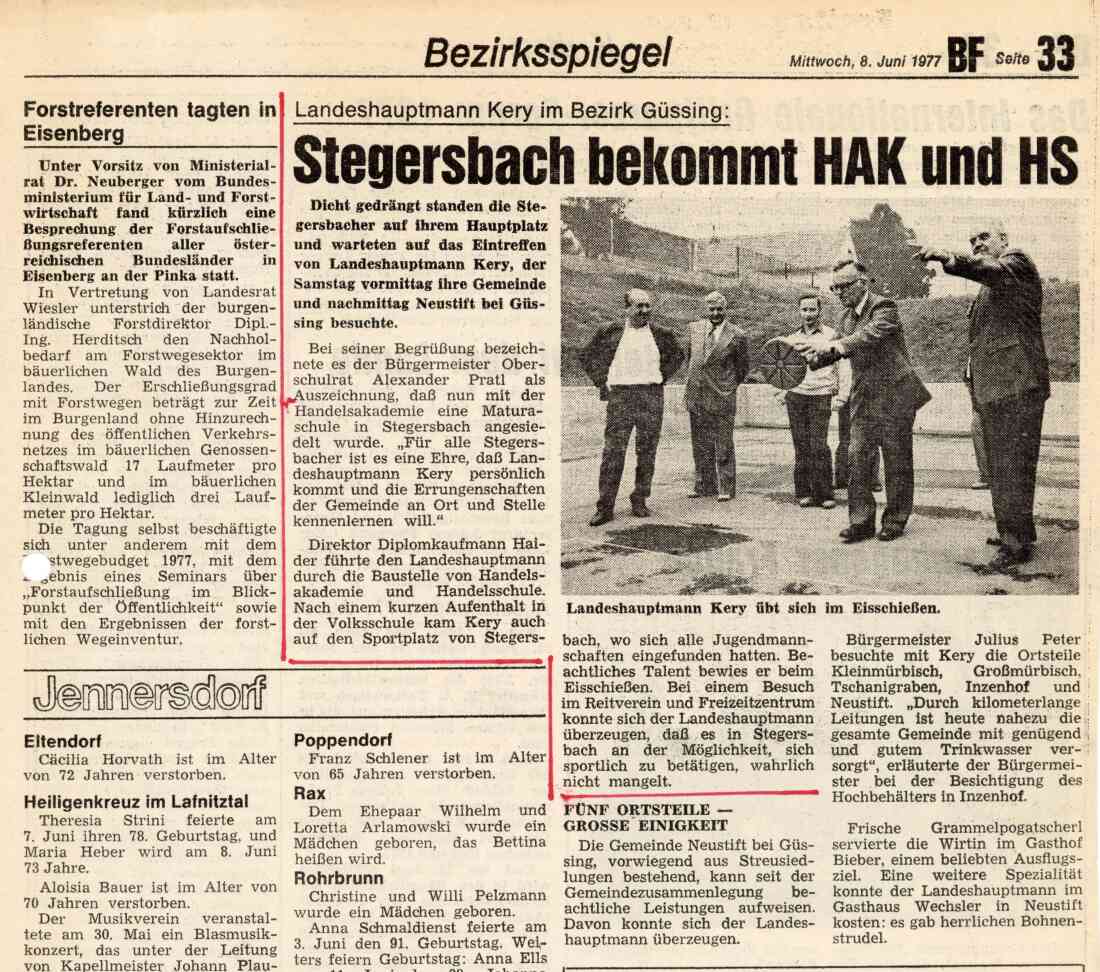 Zeitungsartikel der BF, Stegersbach bekommt Handelsakademie und Handelsschule am 08. Juni 1977